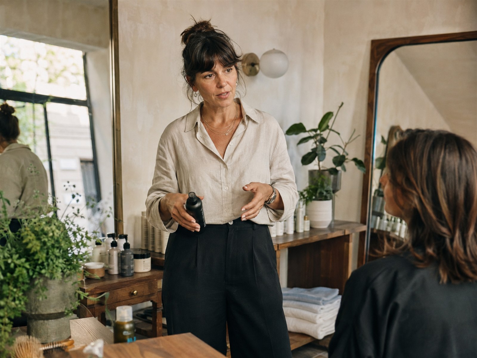 Titolare di un salone indipendente con una cliente